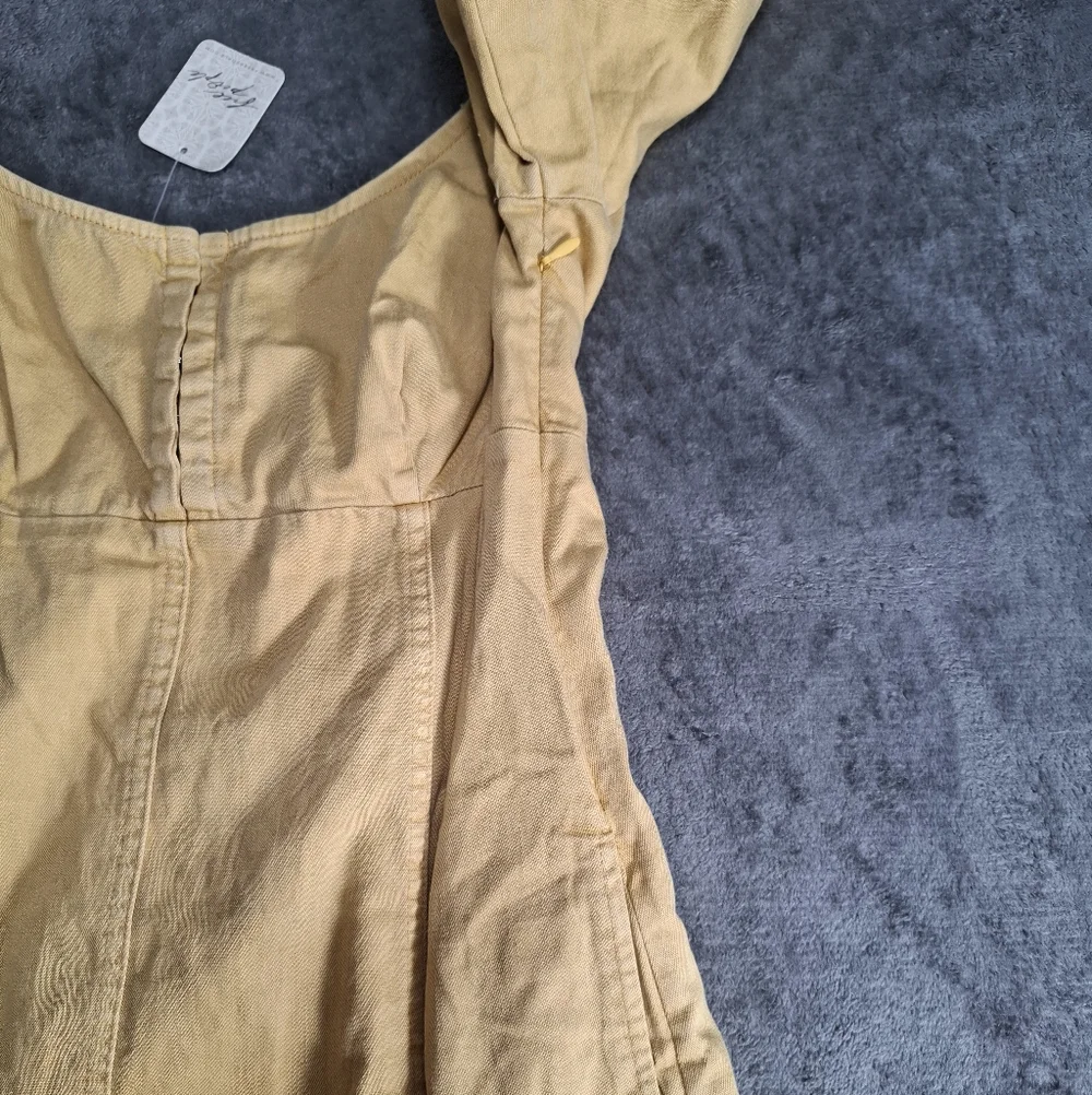 Free People Cheyenne Denim Mini Dress Babydoll Smocked Pockets Puffer Sleeve S